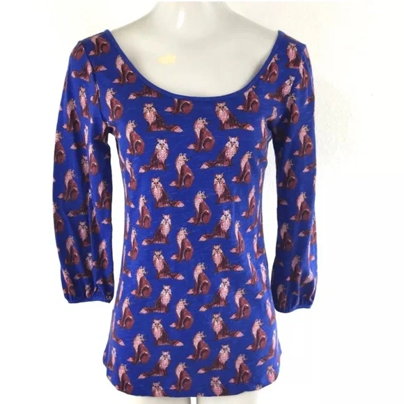 ANTHROPOLOGIE Forest Fete Novelty Fox Print 3/4 Sleeve Top Blue M As Seen On TV - Picture 4 of 13